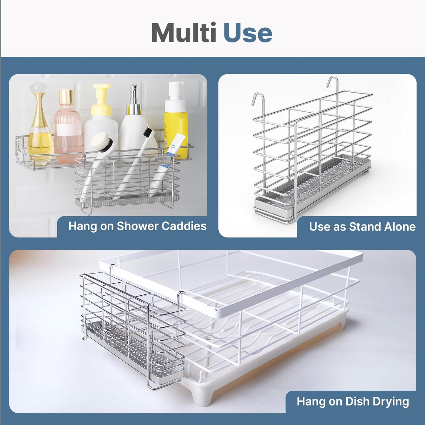 304 Stainless Steel Utensil Drying Rack with Hooks & 3 Divided Compartments