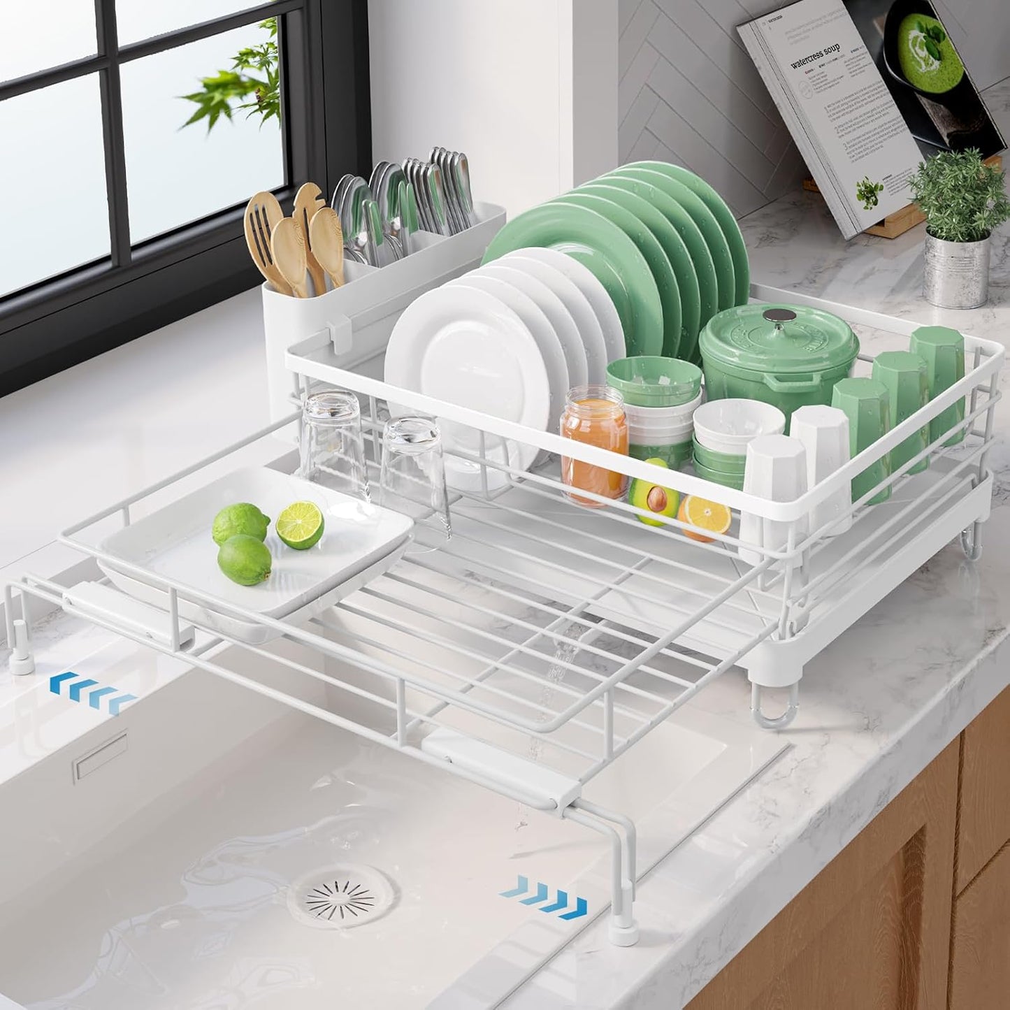 Extendable Dish Drying Rack - Rust-Resistant Dish Racks for Kitchen Counter with Adjustable Support Legs, Cutlery Holder & Removable Draining Tray (White, 15.6''-25.2''L × 16.9''W × 8.1''H)