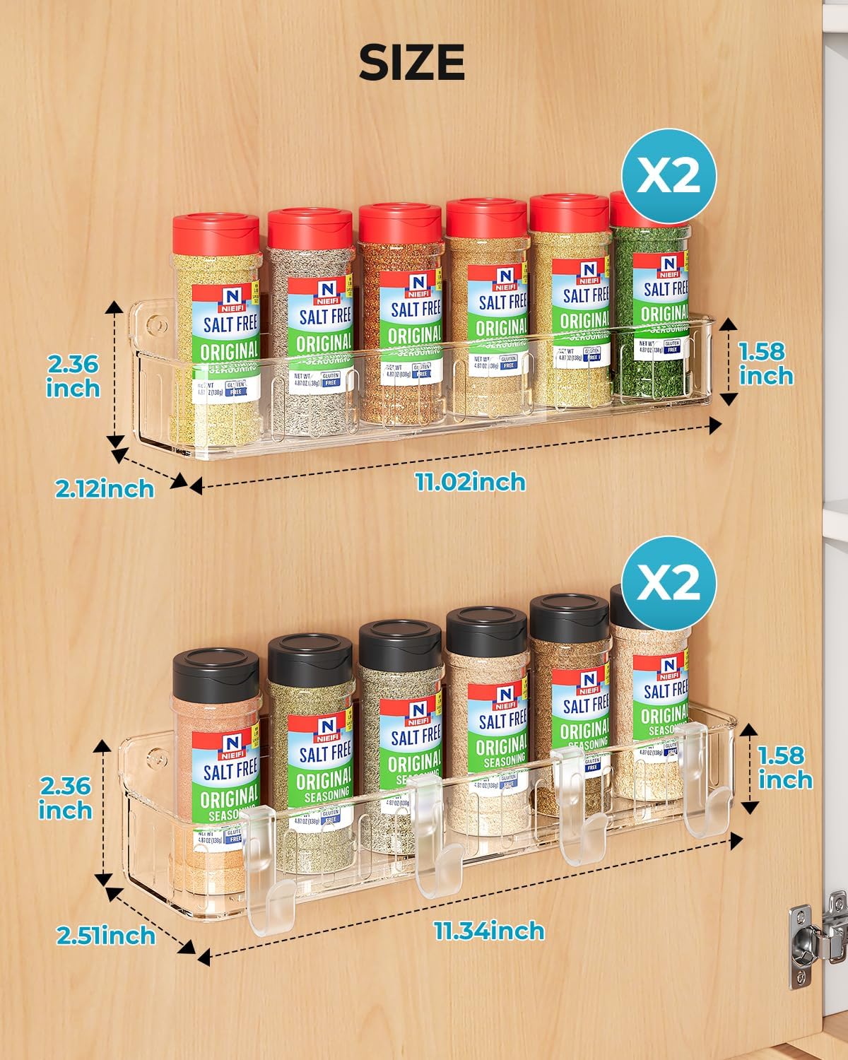 Spice Rack Wall Mount, 4 Pack, Clear, Screw or Adhesive Installation