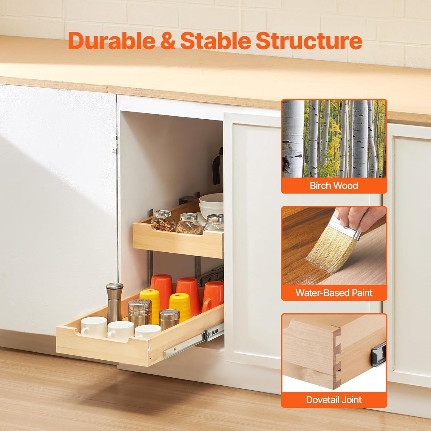 2 Tier Pull Out Cabinet Organizer, 14" W x 21" D Cabinet Drawer, Soft Close Slide out Shelf