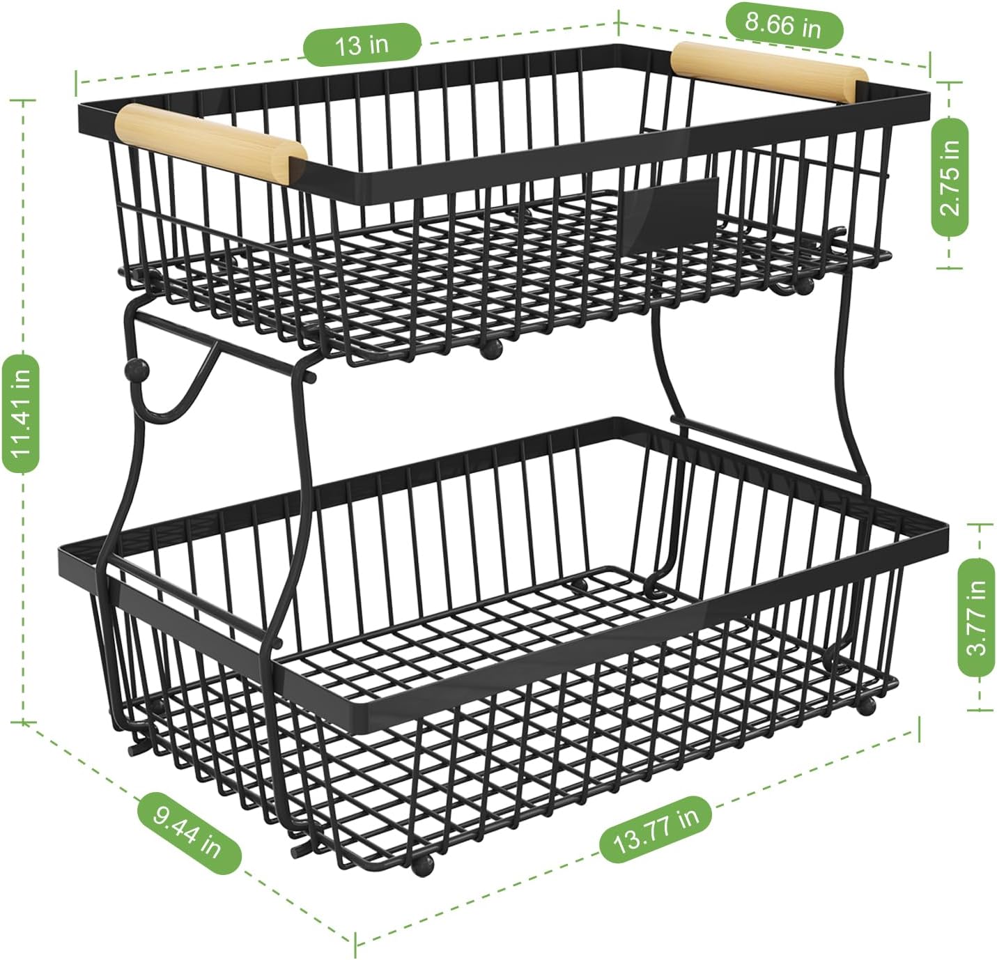 2 Tier Fruit Basket for Kitchen Counter with 2 Banana Hangers