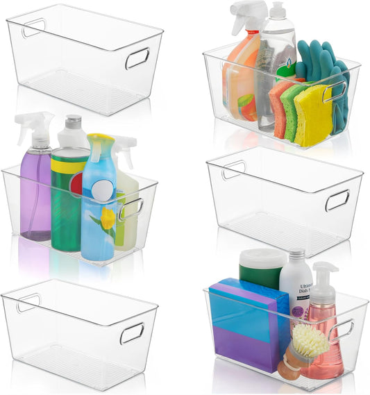Set of 6 Clear Plastic Storage Bins With Handles, Containers To Organize Pantry, Fridge, Cabinet