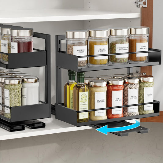 2 Pack Pull Out Spice Rack - Rotate Peel and Stick No-Drill Vertical Spice Rack Organizer for Cabinet Easy Access Spices, Adjust Height for 4oz to 8oz Spice Jars, Fits Small Pantry Cabinet