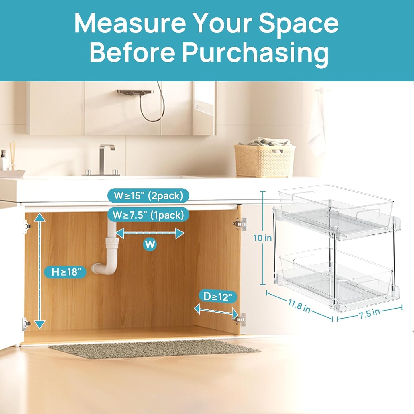 4 Pack Bathroom Organizer, 2 Tier Clear Under Sink Organizers Vanity Countertop Storage Container,Cabinet Drawers Bins, Pull-Out Organization with Track for Pantry, Kitchen