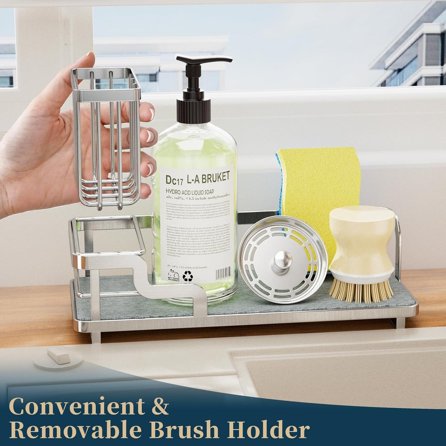 Sponge Holder for Kitchen Sink - Sink Caddy Organizer with Water Absorbing Stone Tray