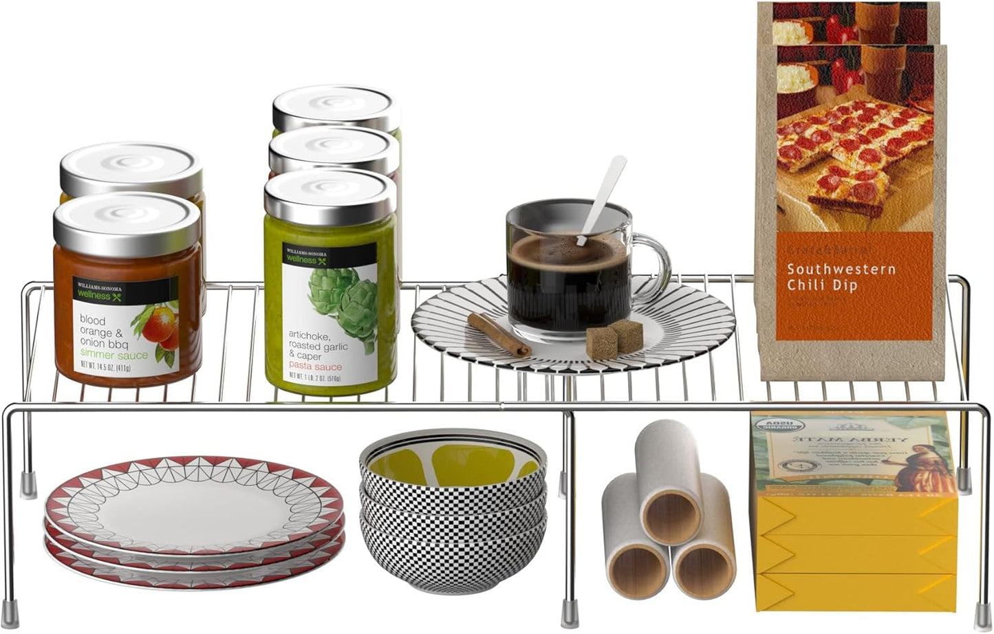 Expandable Metal Rustproof Kitchen Counter & Cabinet Shelf, Chrome, 1 Shelf, Modern Style