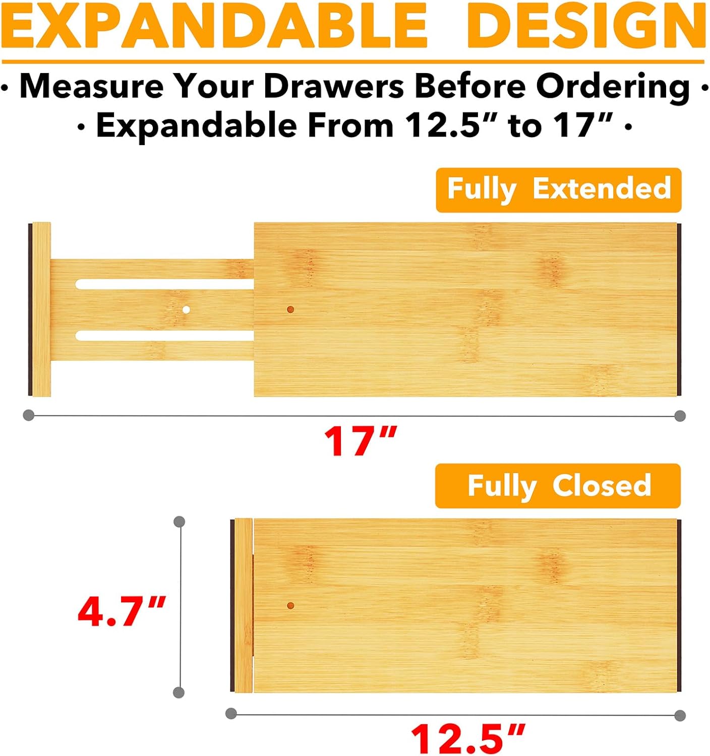 Bamboo 4 Pack Dresser Drawer Dividers, 4.65“ High Adjustable 12.5“-17” Drawer Organizers