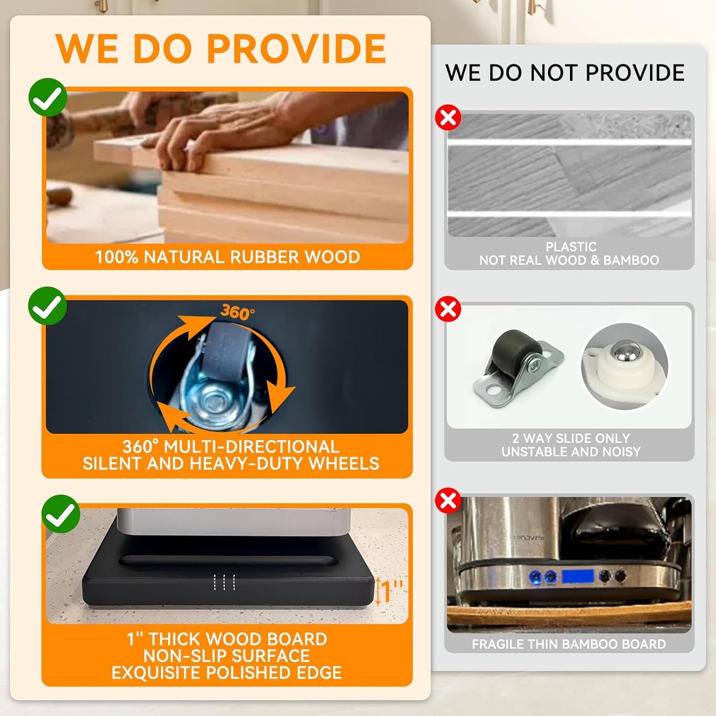 Wood Appliance Slider with 360' Wheels,16"D x 13"W Sliding Tray for Coffee Maker & Heavy Kitchen Appliances,Countertop Appliance slider for Kitchen Appliance, Premium Wood Rolling Tray,No Assemble
