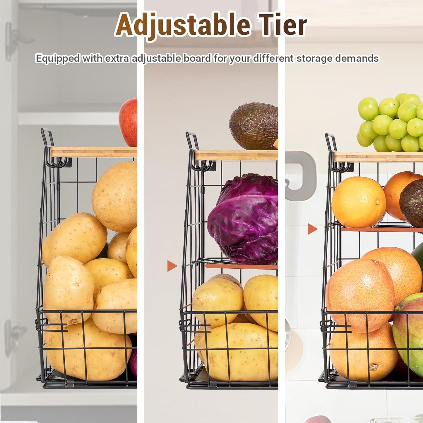 3 Tier Fruit Basket for Kitchen with Bamboo Cutting Board
