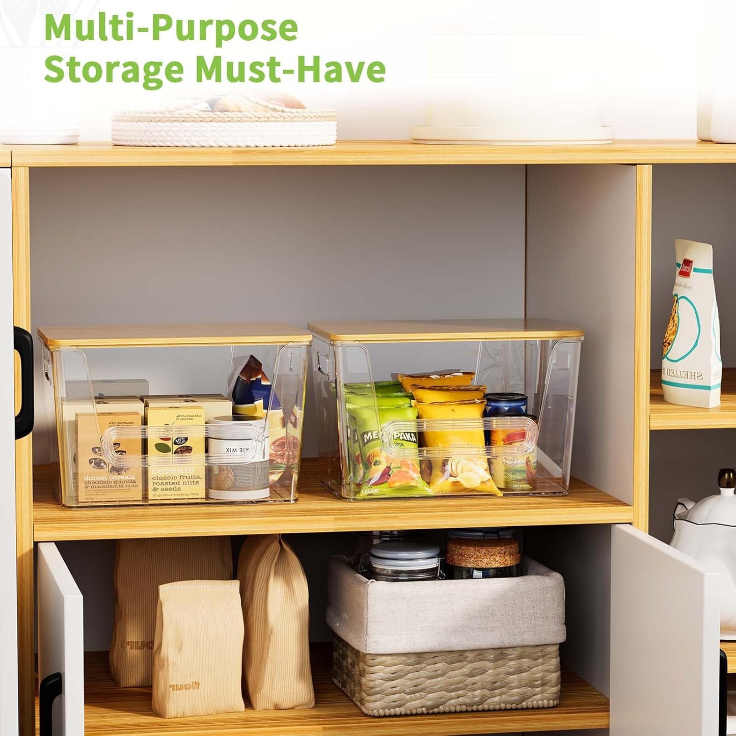 2 Set Pantry Organizers and Storage, Trash Bag Dispenser with Bamboo Top