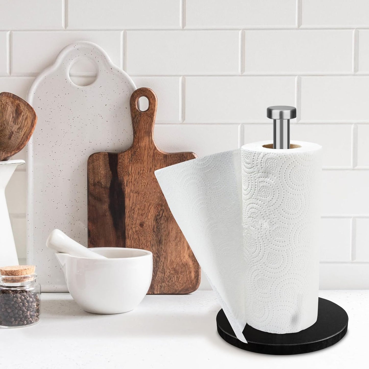 Paper Towel Holder Countertop with 7" Weighted Black Marble Base