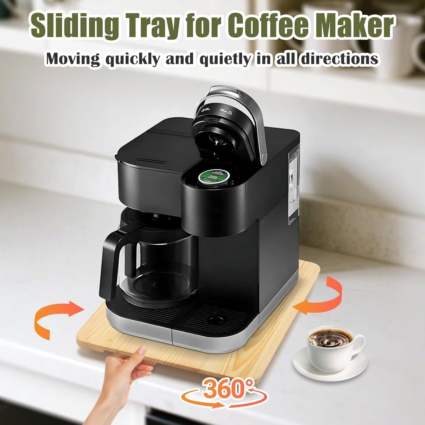 360° Rolling Tray for Coffee Maker, Sliding Tray Countertop Appliance Slider with Rubber Wheels for Heavy Kitchen Appliances, Easily from Under Cabinet (13”W x 16”D, Natural)