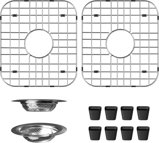 Sink Grid Protectors,Bottom Sink Grates for Kitchen Sink with Strainers,2 Packs Stainless Steel Sink Drying Racks with Center Drain, 13.7” x 11.6” Sink Protectors for Kitchen Sink Prevent Scratch