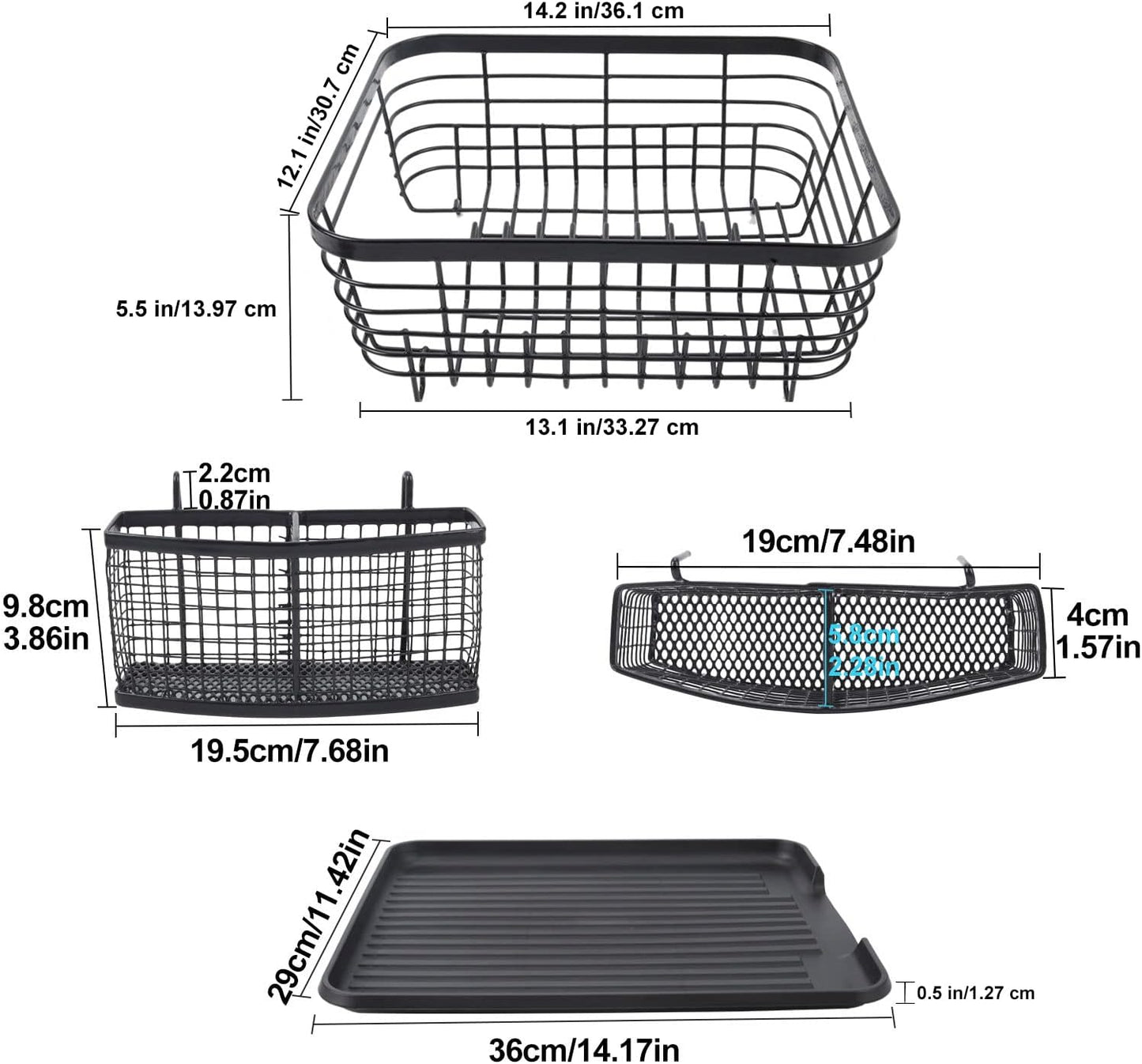 Kitchen Dish Drainer Rack with Drying Board and Full-Mesh Silverware Utensils Holder, Black