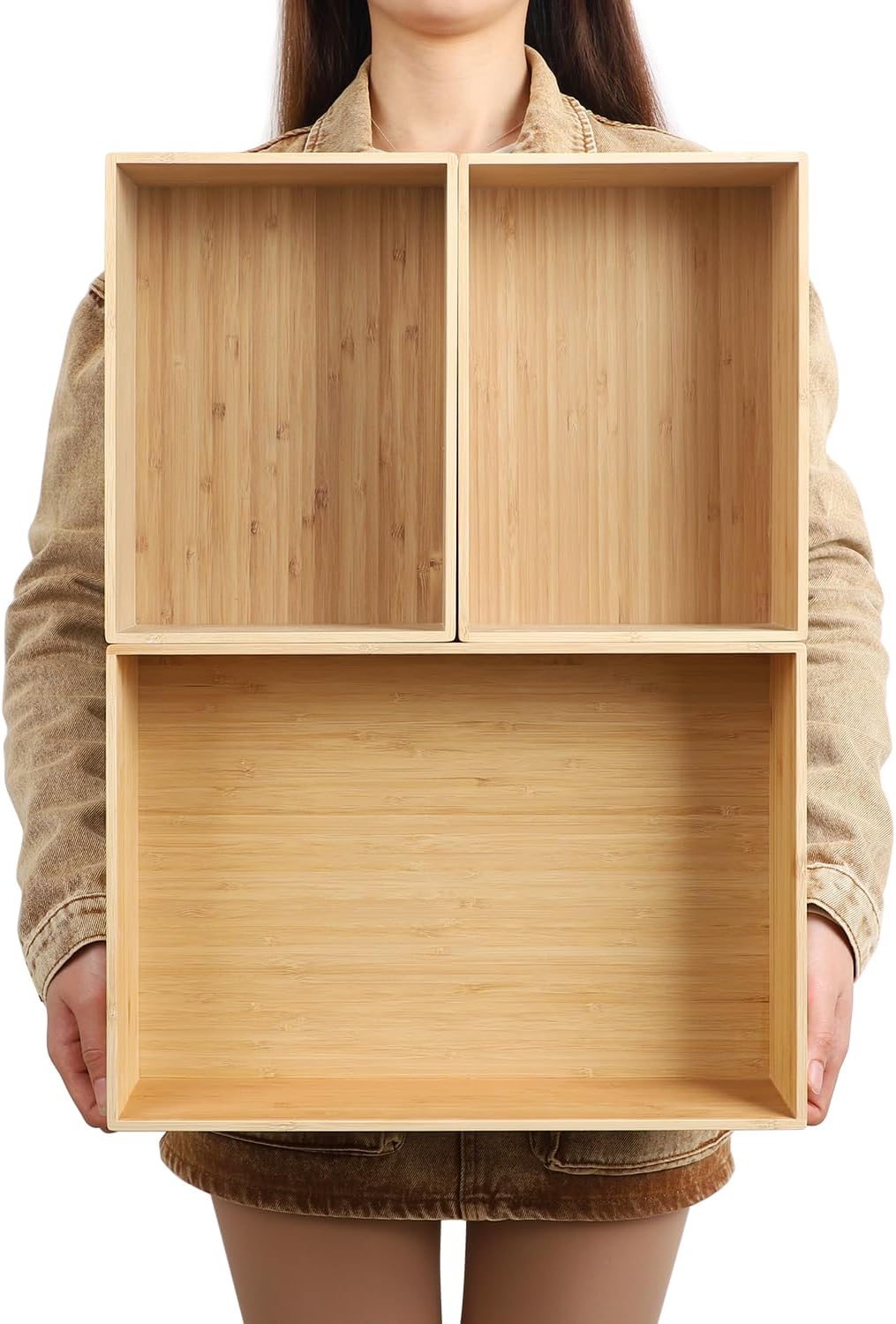 3-Piece Large Bamboo Storage Box Set - 7.1in High Stackable Deep-Drawer Organizer