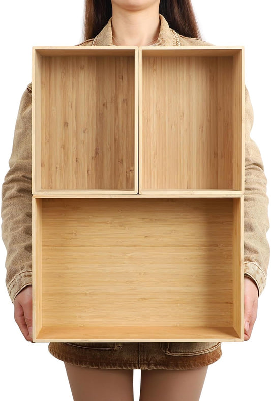 3-Piece Large Bamboo Storage Box Set - 7.1in High Stackable Deep-Drawer Organizer