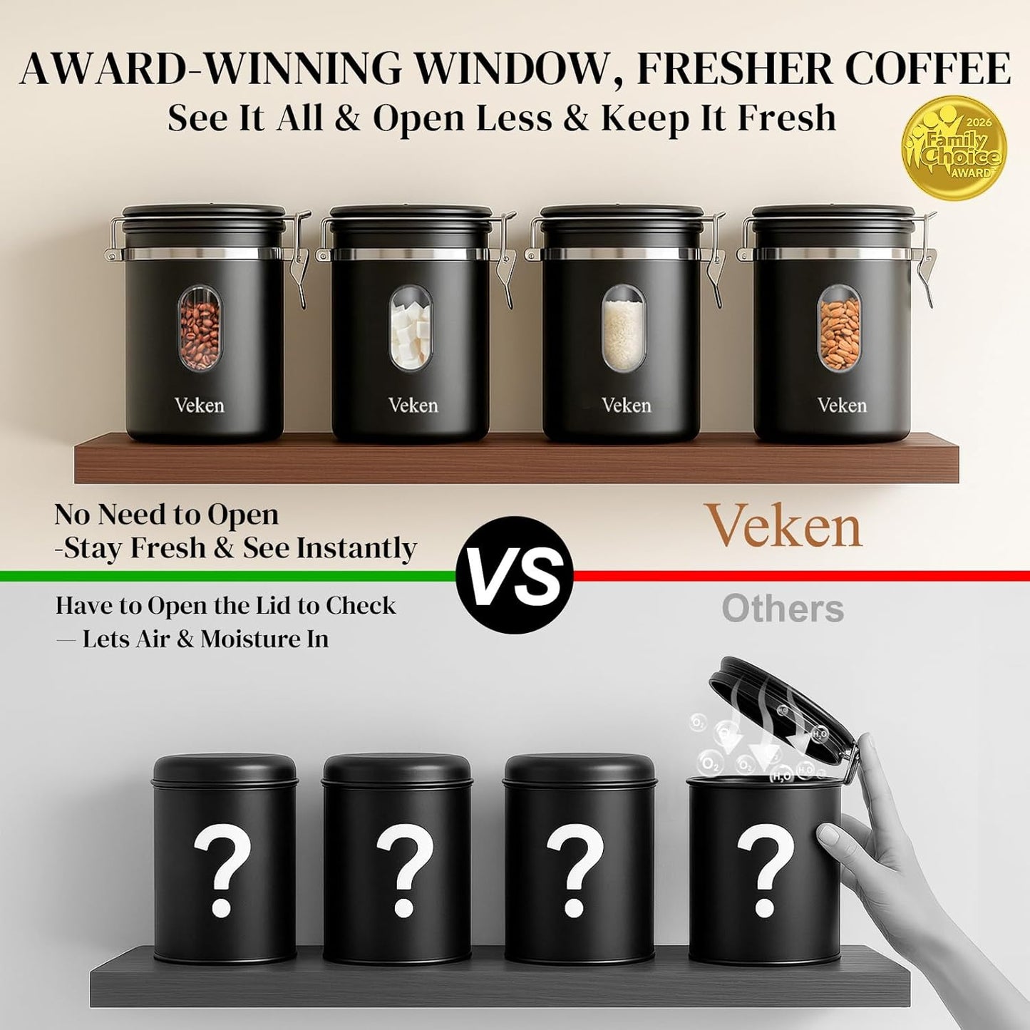 Coffee Canister with Window,Airtight Stainless Steel Pantry Container,Home Kitchen Food Storage Organizers for Ground,Beans,Espresso,Rice,Tea,Sugar,Cereal, Decor,Bar Accessories,Gifts,22OZ,Black