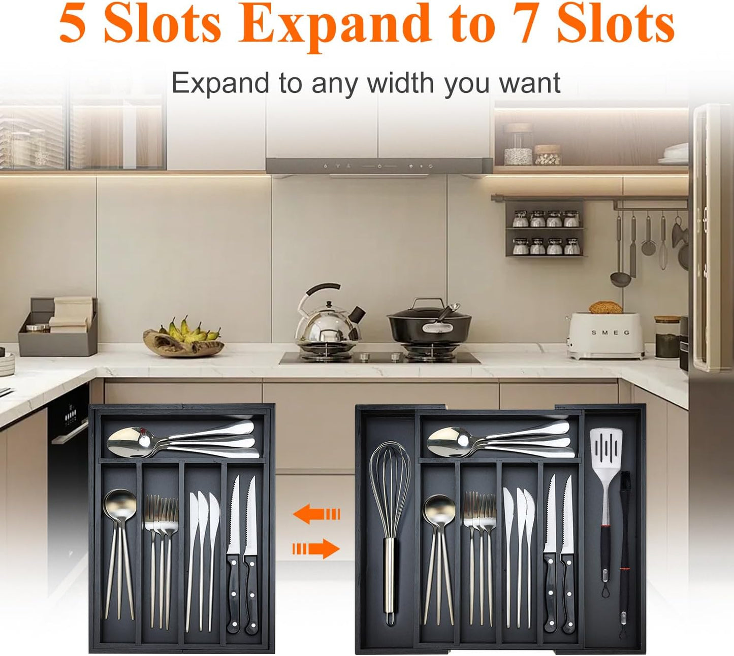 Bamboo Kitchen Drawer Organizer Tray Black Expandable Spoon Silverware Organizer Large Utensil Holder Drawers Divider Adjustable Cutlery Flatware Organizers for Drawer Wood Utensil Silverware Tray