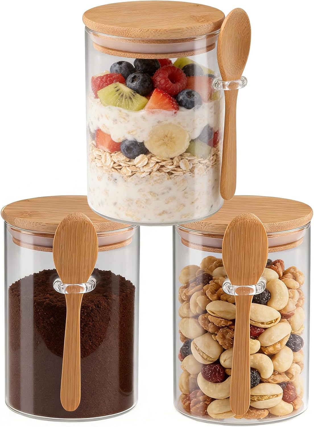 Set of 3 Airtight Glass Jars with Bamboo Lids and Spoons