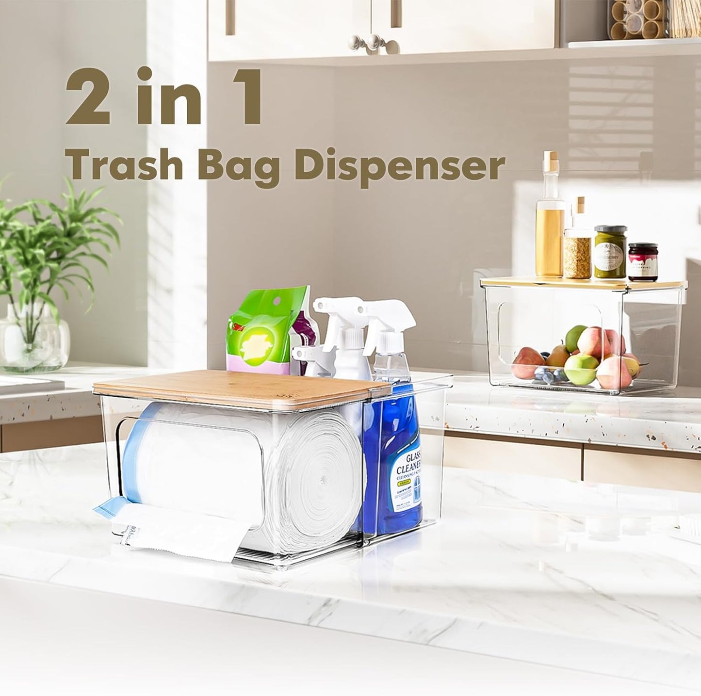 Trash Bag Dispenser Under Sink Organizer, 2-in-1 Acrylic Trash Bags Holder with Bamboo Lid