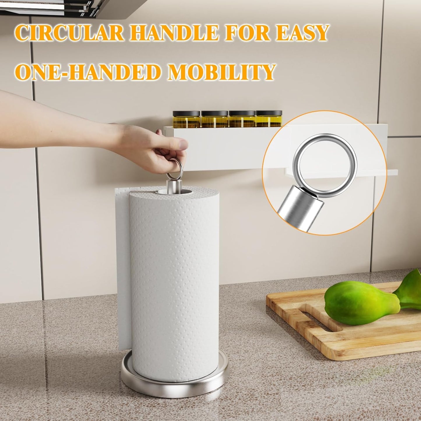 Paper Towel Holder Countertop, One-Handed Tear, Stainless Steel, Weighted Base, Silver