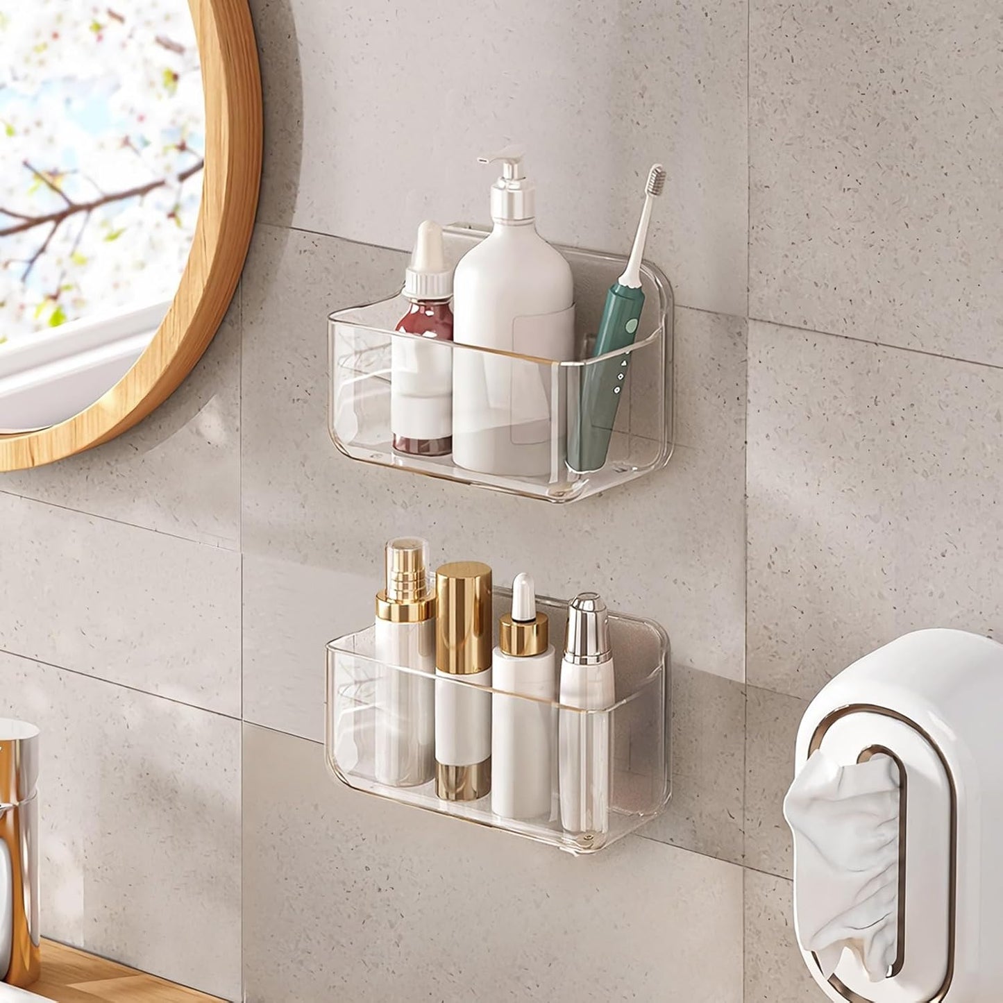 2pc Acrylic Wall Mount Organizer, Small Adhesive Clear Cabinet Door Organizer,Acrylic Shelves for Wall,No Drilling Hang Walls,with Self Adhesive Tape, for Bathroom, Kitchen, Living Room