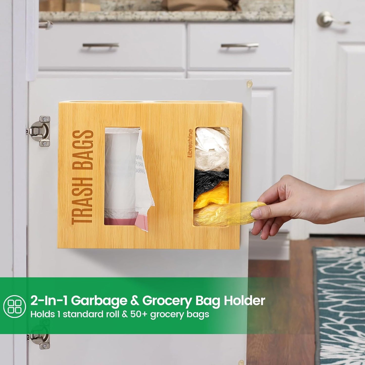 Dual Roll Bamboo Trash Bag Dispenser & Grocery Bag Holder