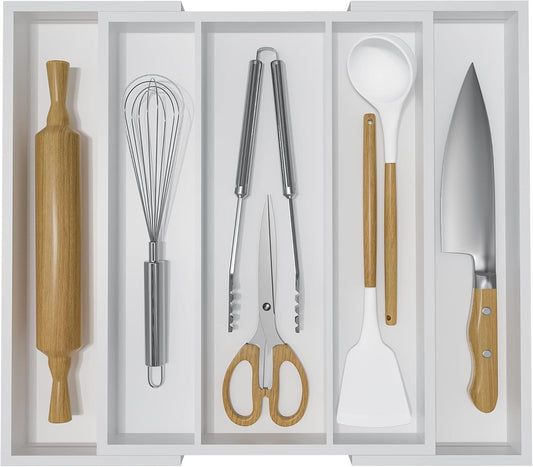 Utensil Organizer for Kitchen Drawers - Bamboo Silverware Tray Expandable 5 Slots Drawer Organizer for Office and Pantry Supplies W13.7-19.9" x L17.6 X H2.5 (White)