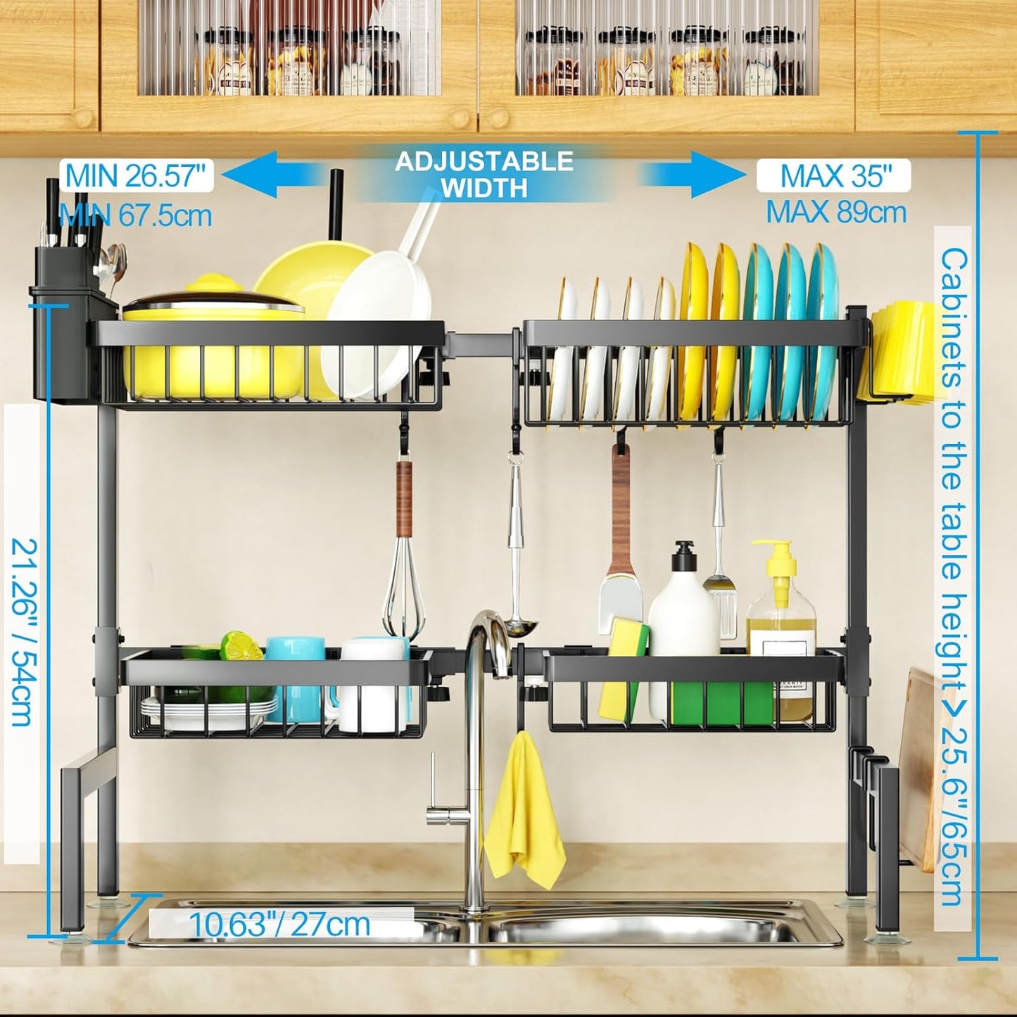 4 Baskets 2-Tier Over The Sink Dish Drying Rack, 26.57"-35", Large Sink Rack for Kitchen