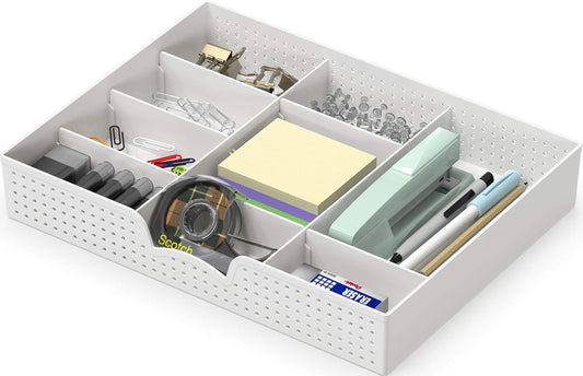Drawer Organizer Tray with 9 Adjustable Compartments, White