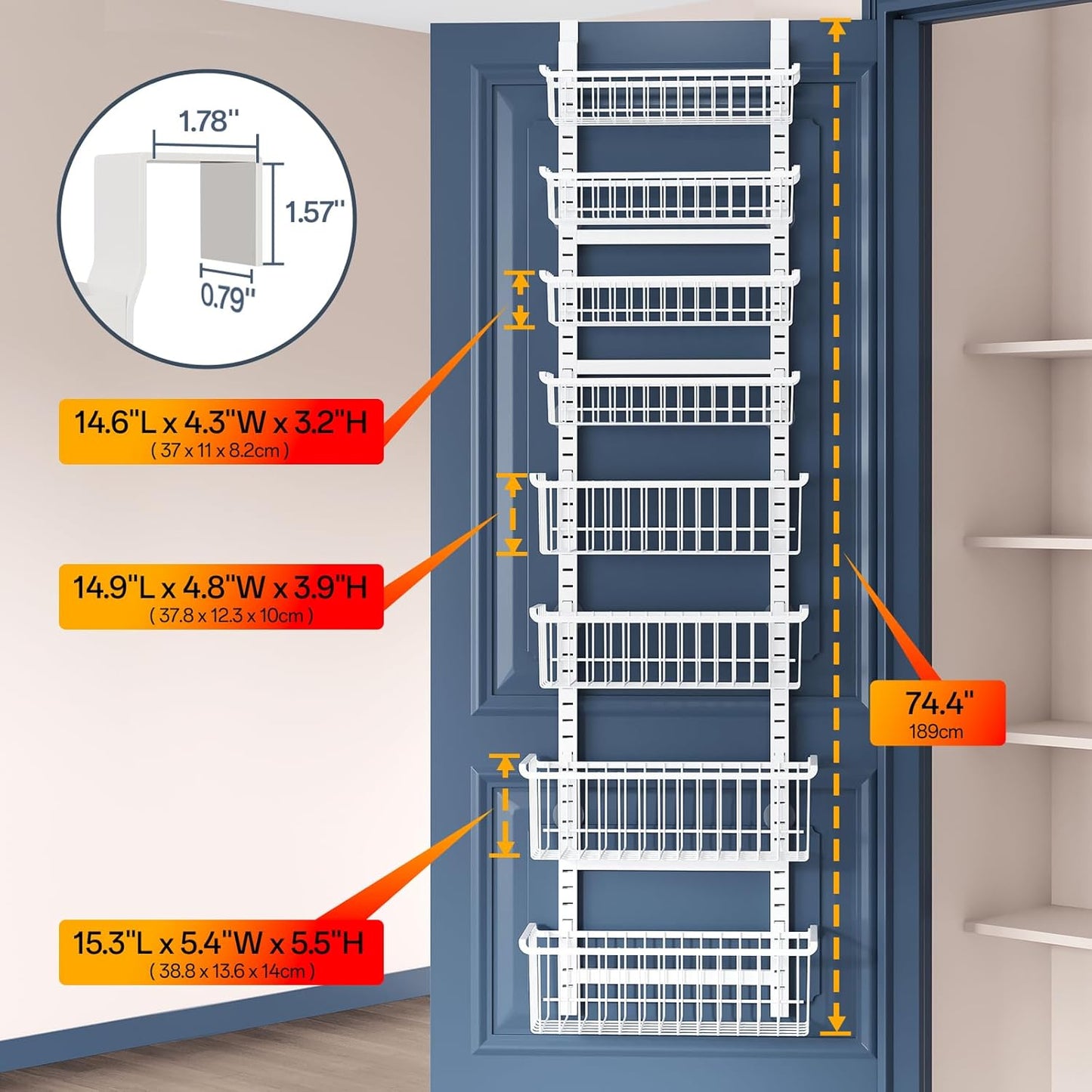 Over The Door Pantry Organizer, 8-Tier Over The Door Organizer with Adjustable Baskets