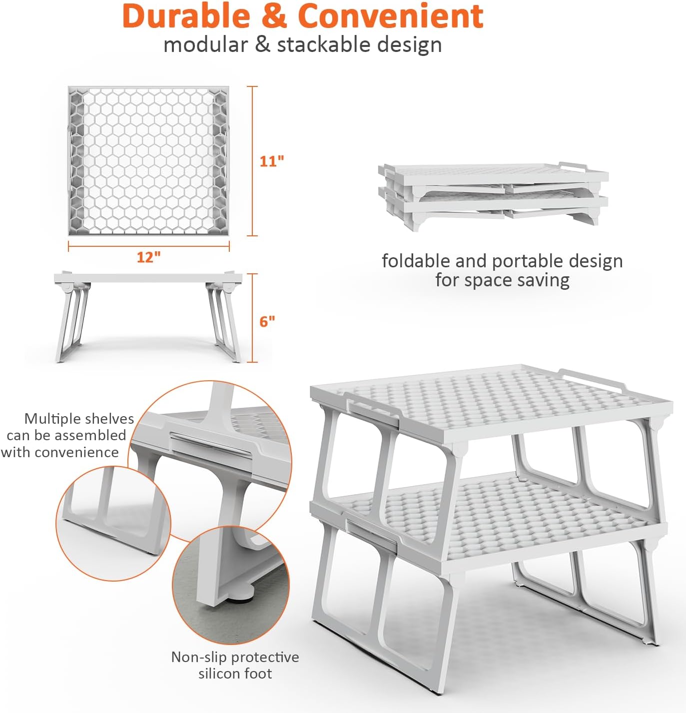 Plastic Kitchen Cabinet Shelf Organizer, White Plastic Stackable Freezer Rack, Shelf Riser