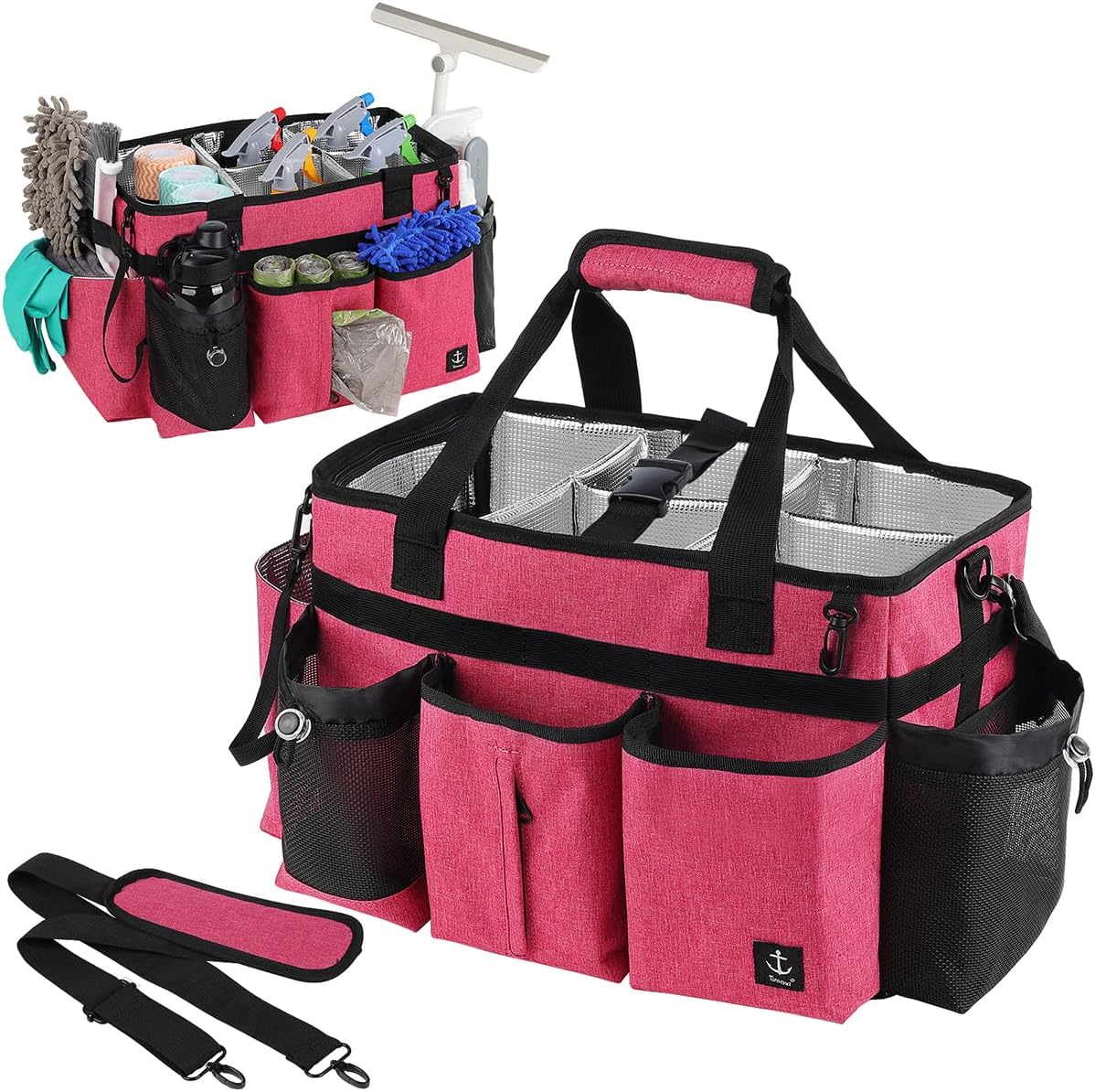 Large Cleaning Caddy Bag Built-in Sturdy Support Board, Cleaning Organizer with Detachable Divider