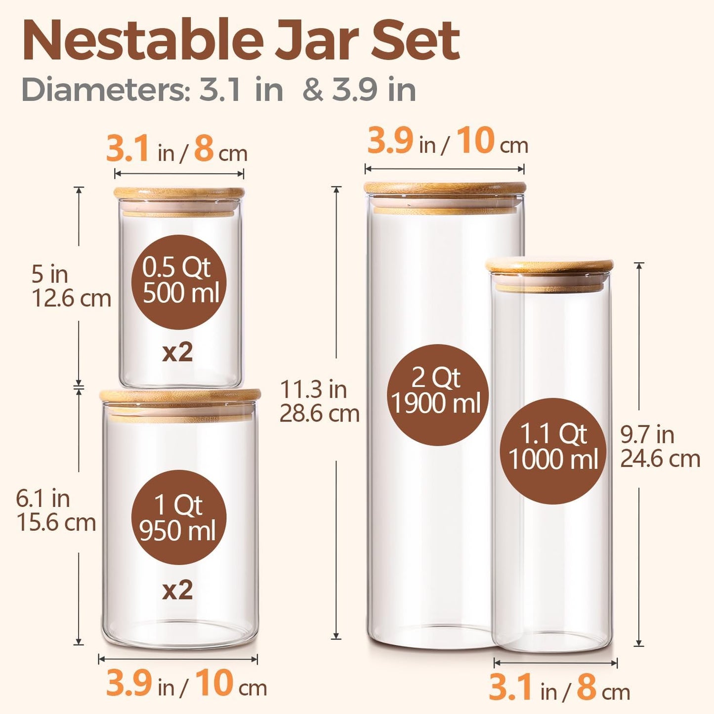 Glass Food Storage Jars Set of 6, Clear Glass Storage Containers with Lids