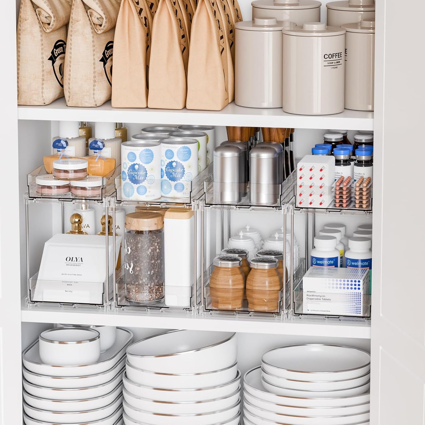 4 Pack 2 Tier Vertical Spice Rack Pull Out,10.4'' Deep Narrow Slide Out Spice Rack Organizer for Inside Cabinets,Kitchen,Pantry,Cupboard Seasoning,Can,Jar Organizer and Medicine Cabinet Storage