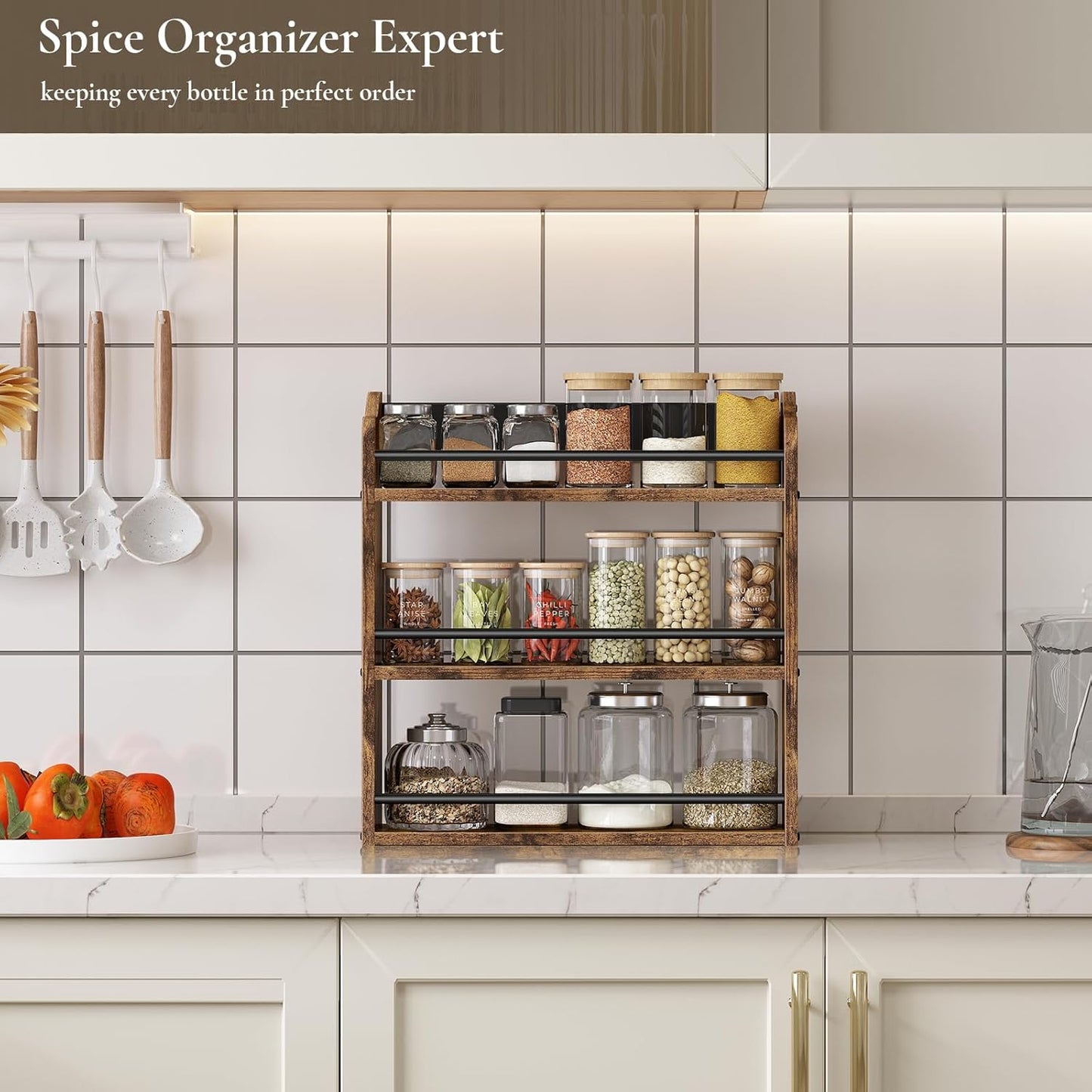 Spice Rack Wall Mounted, Wood 3 Tier Spice Rack for Countertop