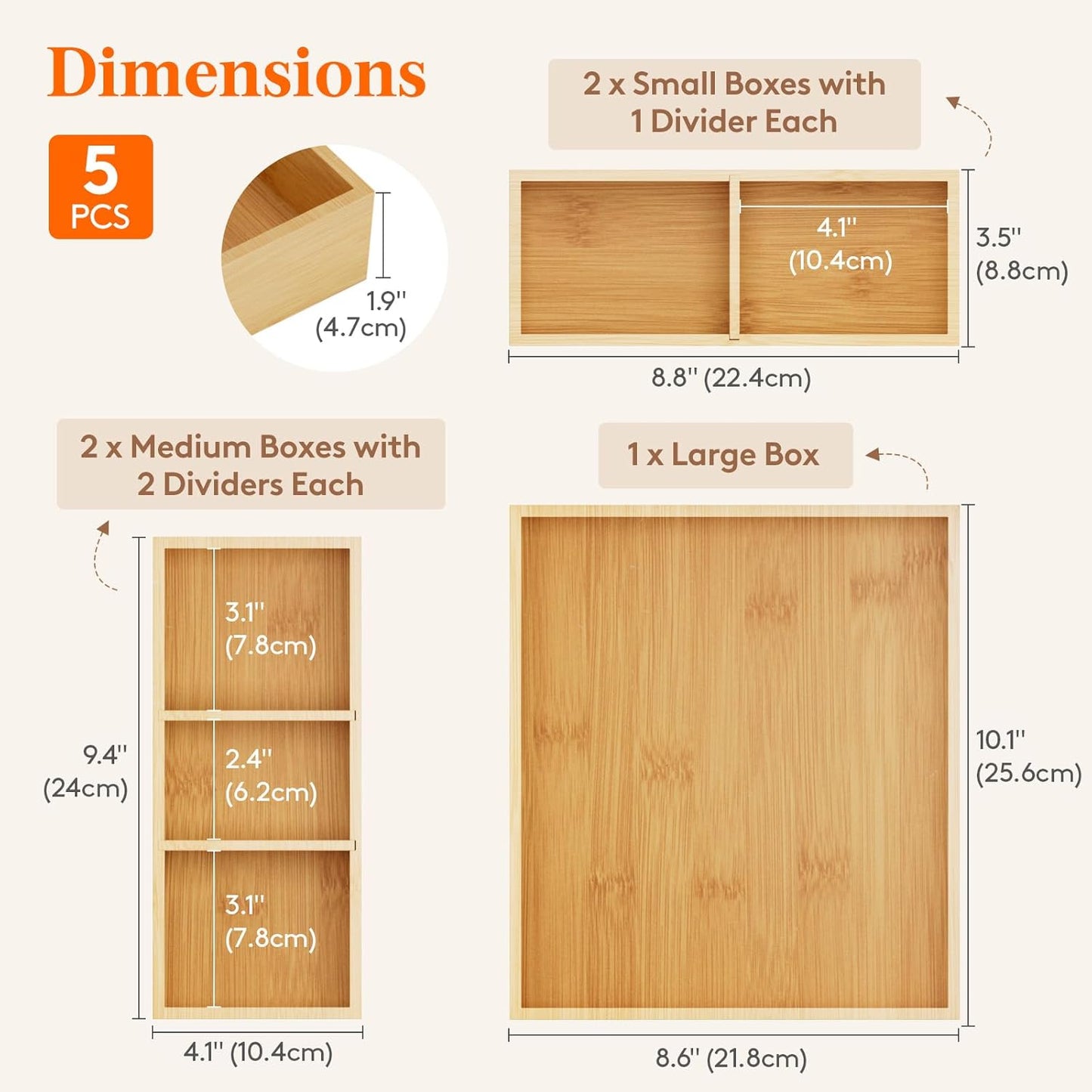 Drawer Organizers 5 Pack(11 Grid) with 6 Inserts, Adjustable Bamboo Wooden Drawer Dividers