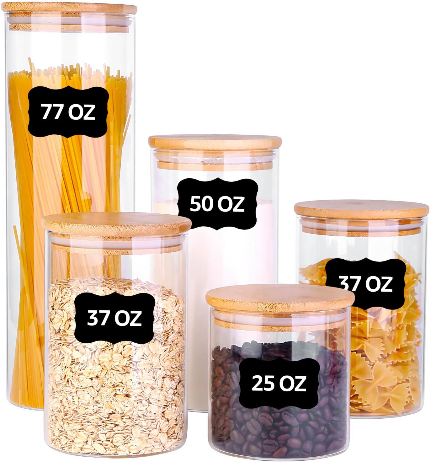 Glass Food Storage Jars, Food Containers with Airtight Bamboo Lids for Pasta, Cookies, Nuts