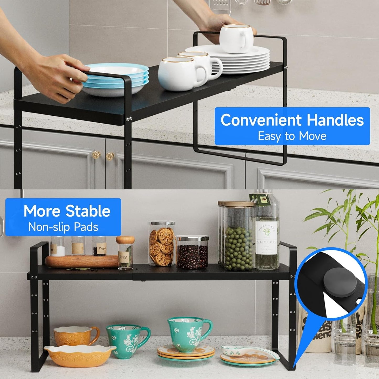 Expandable Cabinet Shelf Organizer, Stackable Kitchen Pantry Counter Storage