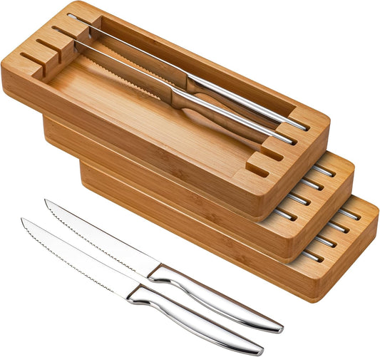 Steak Knife Set of 12 with Block Holder, Serrated Steak Knife with Bamboo Storage Box Drawer Insert Organizer, Dishwasher Safe, Silver