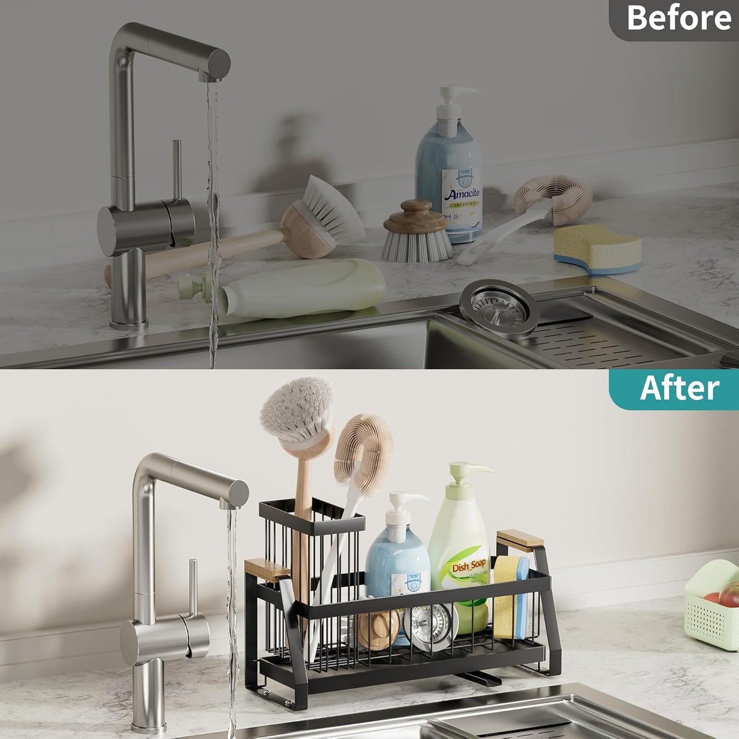Sink Caddy Organizer with Wooden Handle & Self-Draining Tray