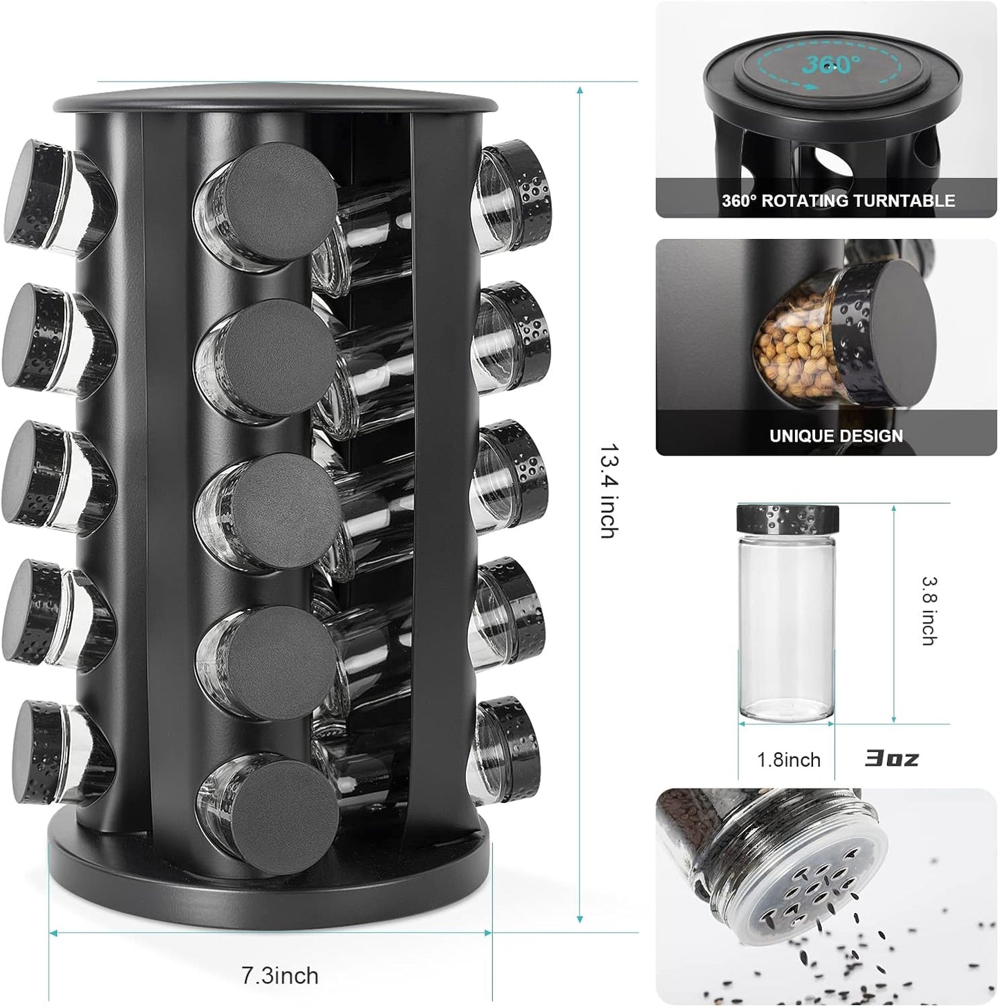 Black Countertop Rotating Spice Rack, Round Empty 20-Jars Revolving Spice Rack Organizer