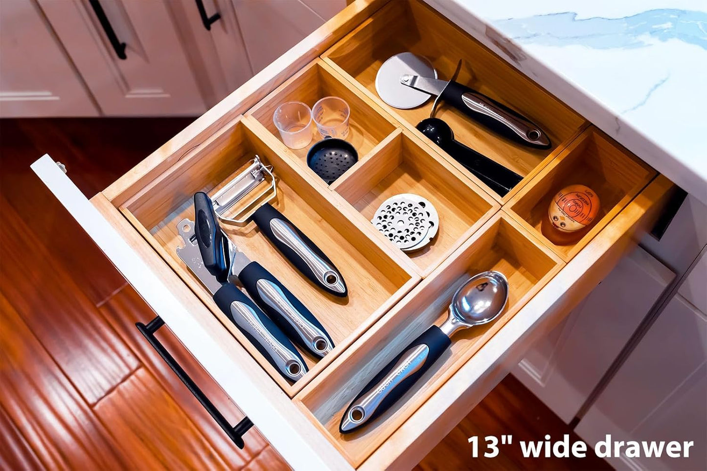 Drawer Organizer Storage Boxes, 2.5" High Bamboo Drawer Dividers, 5 Rearrangeable Bins for Kitchen