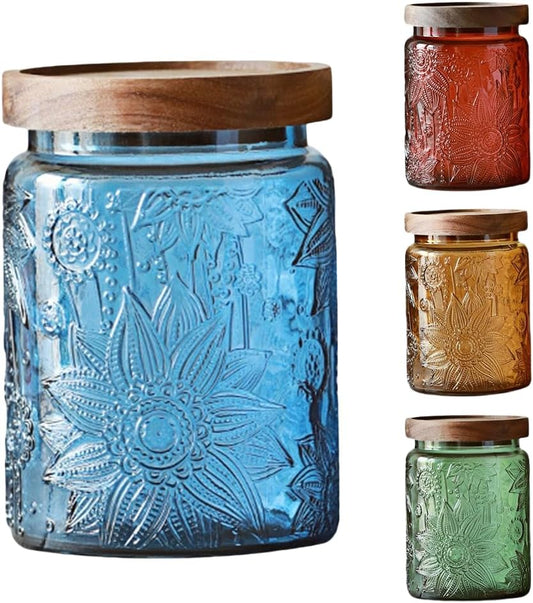 Set of 4 Vintage Glass Storage Jars, 23.7oz Glass Coffee Canisters Decoraitve Mason Jars Sugar Containers with Airtight Wooden Lids for Kitchen Pantry, Cookie Jars (Sunflower)