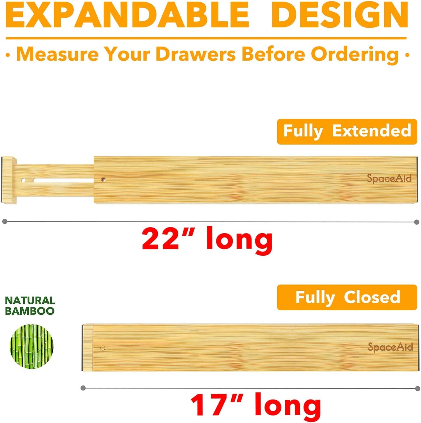 4 Pack Bamboo Drawer Dividers with Labels, Kitchen Adjustable Drawer Organizers