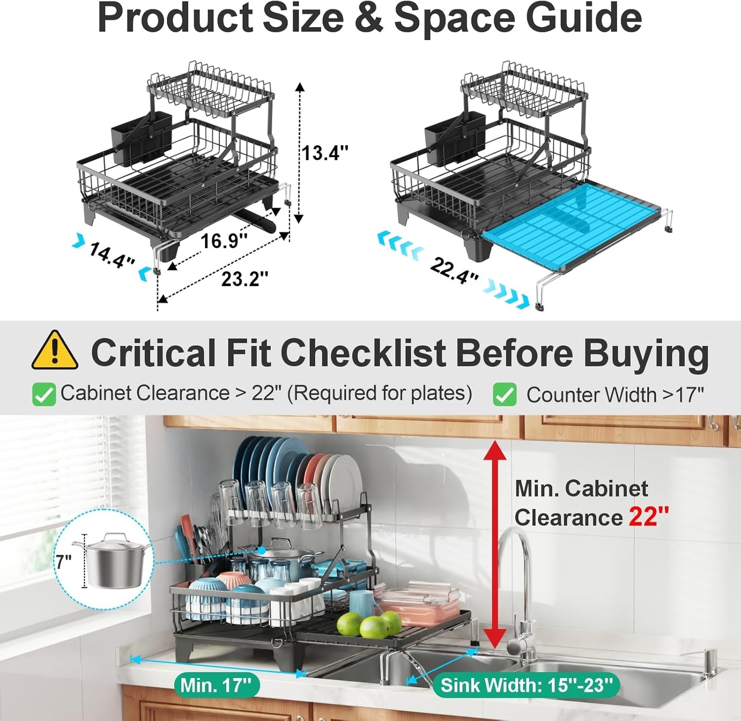 2 Tier Dish Drying Rack for Kitchen Counter, Expandable Large Dish Drainer with Drainboard Set