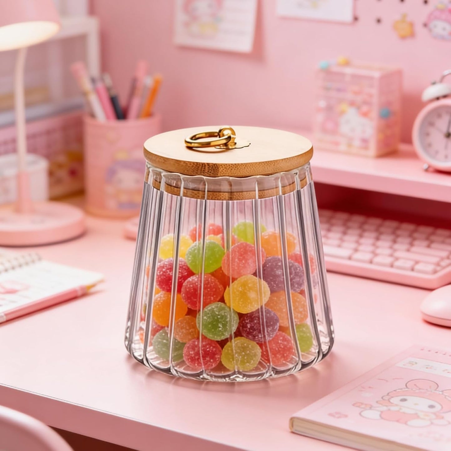 Glass Coffee Nuts Canister Airtight Storage Jar Petal Decorative Container with Bamboo Lid Metal Handle Easy to Grasp 700ml, 23 FL OZ