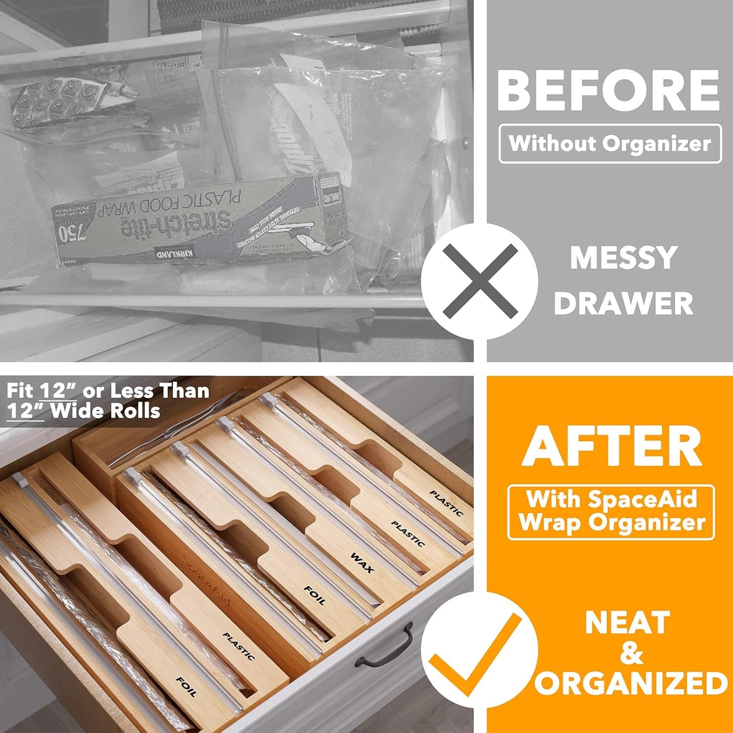 WrapNeat 4 in 1 Wrap Organizer with Cutter and Labels, Plastic Wrap