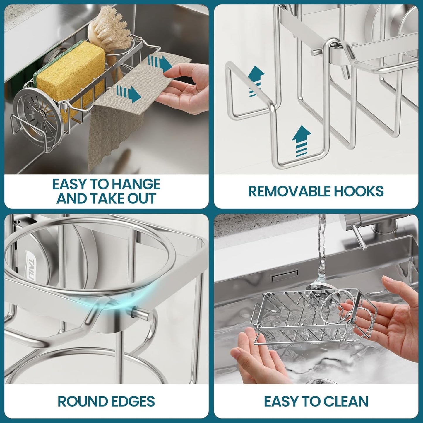Sponge Holder with Strong Suction Cup, 4-in-1 Rustproof Sink Organizer - Sink Caddy Holds Sponges