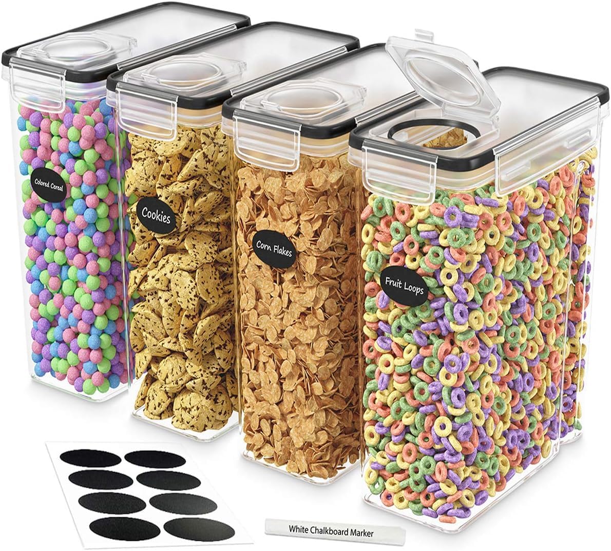 Cereal Containers Storage 4L Set of 4 Airtight Food Storage Containers with Lids Cereal Dispenser Countertop Pantry Organization Canister for Rice Flour & Sugar 1 Marker 8 Labels